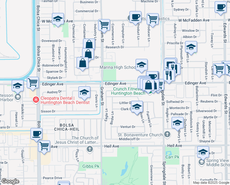 map of restaurants, bars, coffee shops, grocery stores, and more near 5602 Castle Drive in Huntington Beach