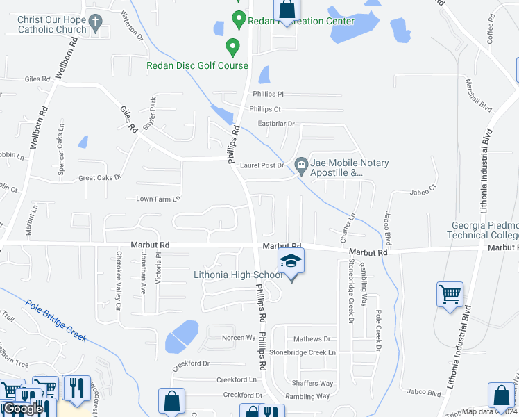 map of restaurants, bars, coffee shops, grocery stores, and more near 2053 Stablewood Cove in Lithonia