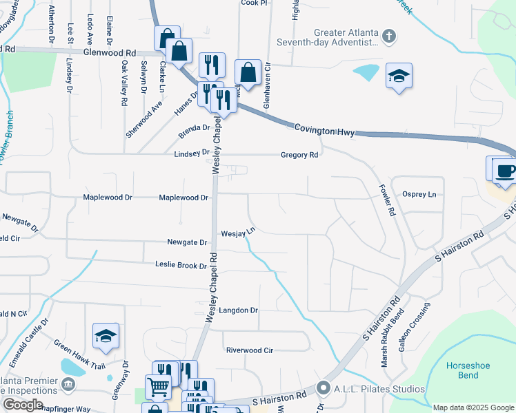 map of restaurants, bars, coffee shops, grocery stores, and more near 4318 Aldergate Dr in Decatur