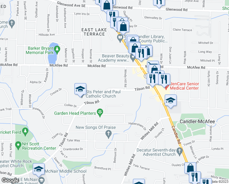 map of restaurants, bars, coffee shops, grocery stores, and more near 2677 Tilson Road in Decatur