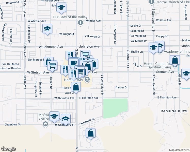 map of restaurants, bars, coffee shops, grocery stores, and more near 380 Magnolia Circle in Hemet