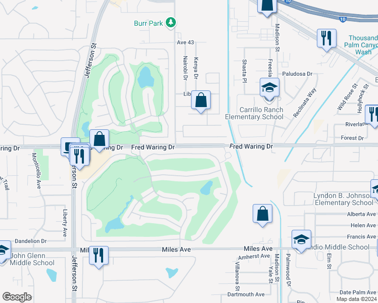 map of restaurants, bars, coffee shops, grocery stores, and more near 80276 Royal Dornoch Drive in Indio