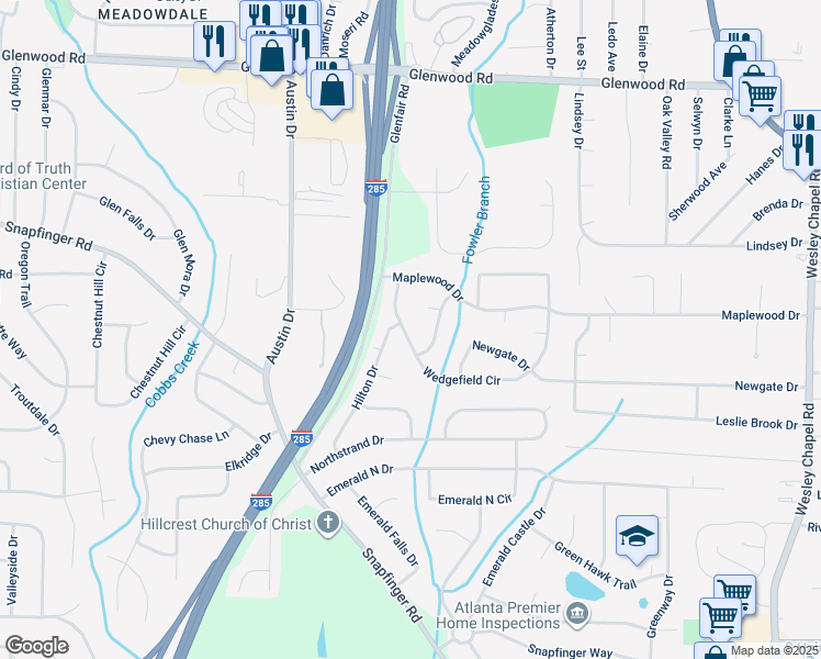 map of restaurants, bars, coffee shops, grocery stores, and more near 3874 Wedgefield Circle in Decatur