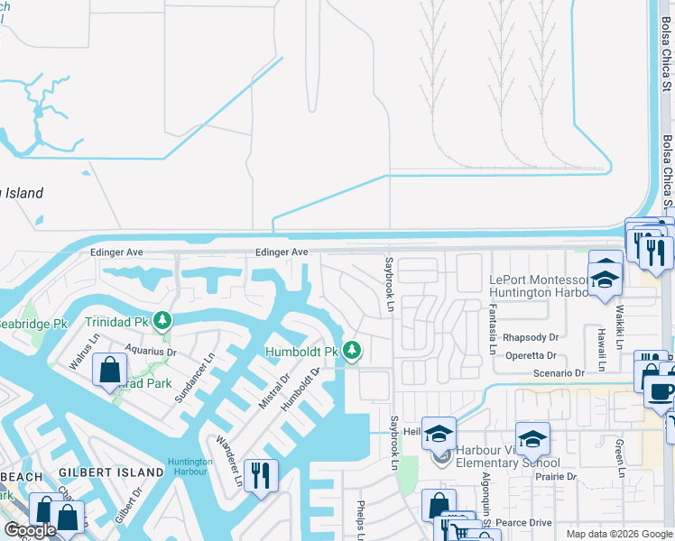 map of restaurants, bars, coffee shops, grocery stores, and more near 4081 Shorebreak Drive in Huntington Beach
