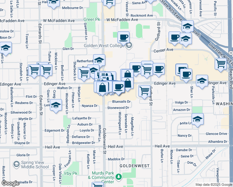 map of restaurants, bars, coffee shops, grocery stores, and more near in Huntington Beach