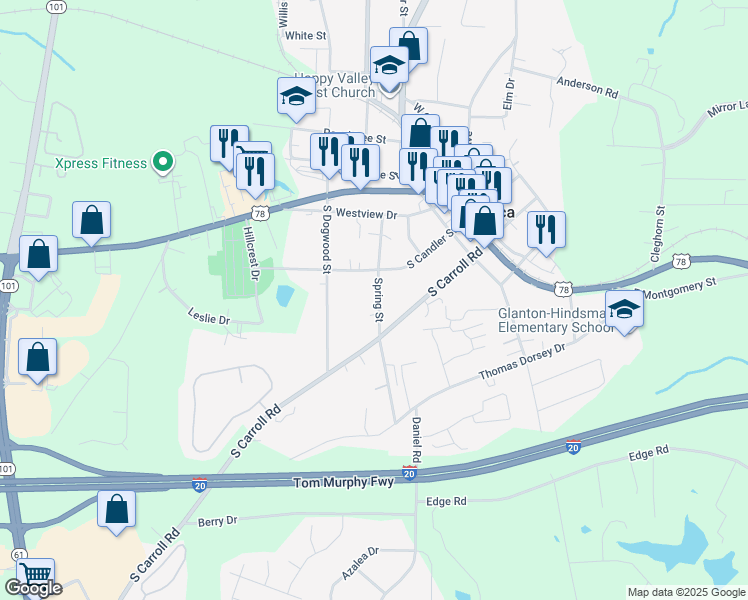 map of restaurants, bars, coffee shops, grocery stores, and more near 617 Spring Street in Villa Rica