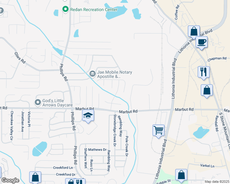 map of restaurants, bars, coffee shops, grocery stores, and more near 2057 Charter Lane in Lithonia