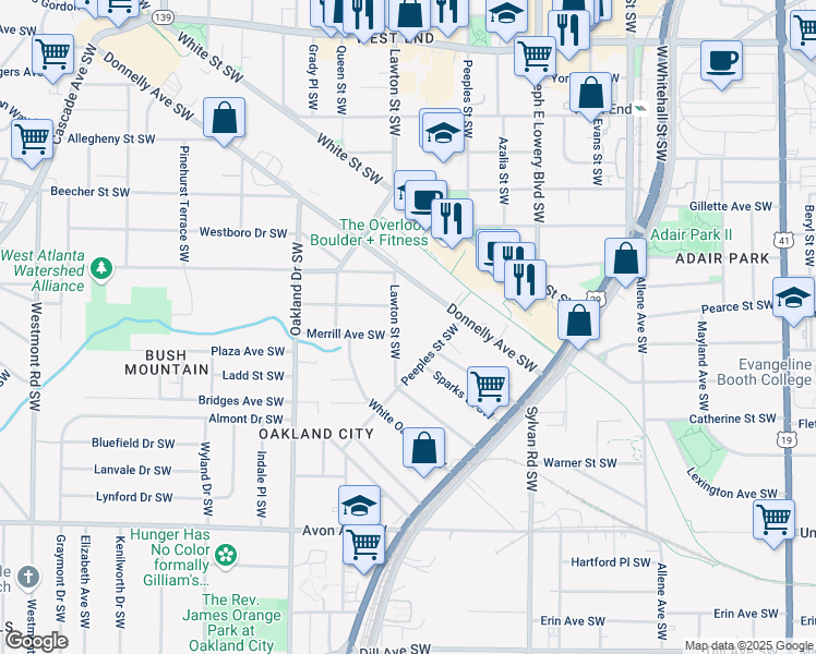map of restaurants, bars, coffee shops, grocery stores, and more near 960 Lawton Street Southwest in Atlanta