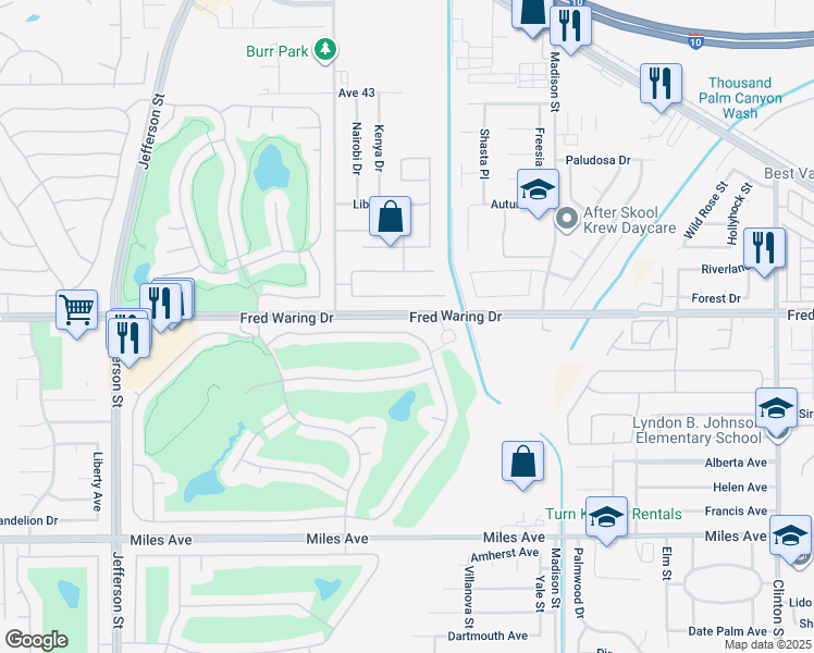 map of restaurants, bars, coffee shops, grocery stores, and more near 80298 Royal Dornoch Drive in Indio