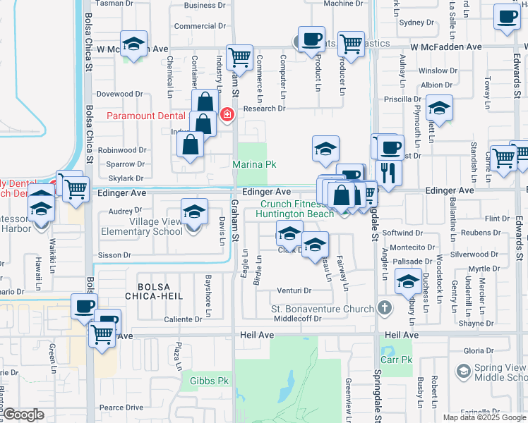 map of restaurants, bars, coffee shops, grocery stores, and more near 5602 Castle Drive in Huntington Beach