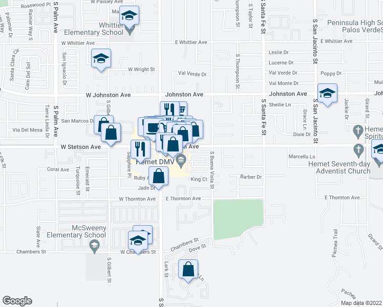 map of restaurants, bars, coffee shops, grocery stores, and more near 340 Magnolia Circle in Hemet