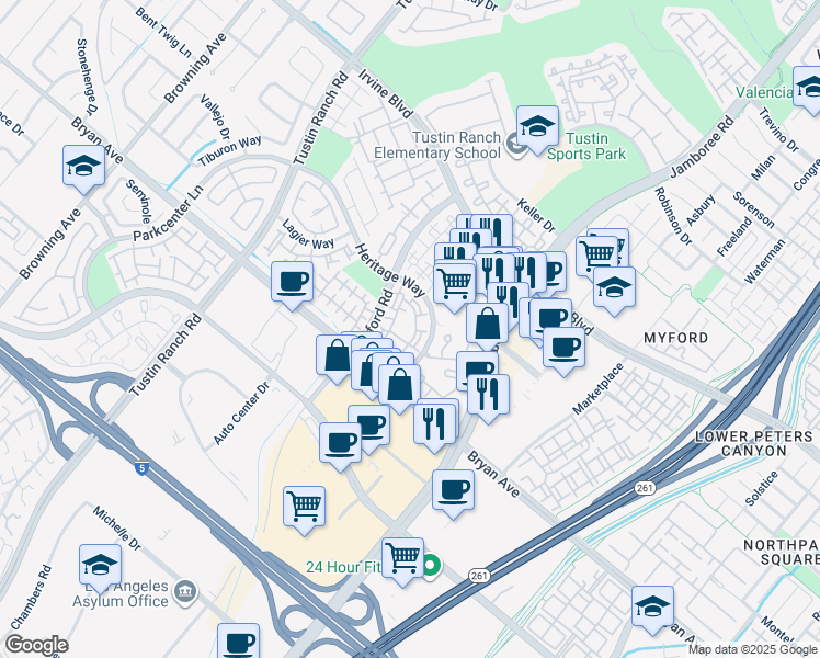 map of restaurants, bars, coffee shops, grocery stores, and more near 13385 Savanna in Tustin