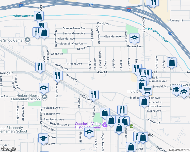 map of restaurants, bars, coffee shops, grocery stores, and more near 44056 Arabia Street in Indio