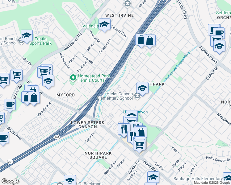 map of restaurants, bars, coffee shops, grocery stores, and more near 502 Terra Bella in Irvine