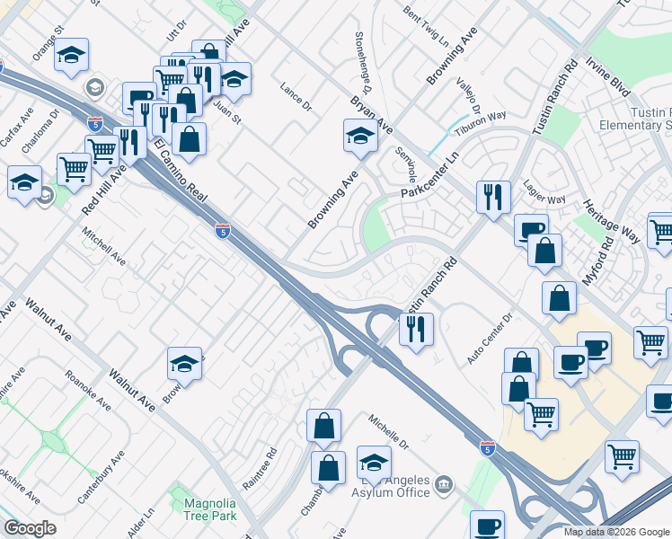 map of restaurants, bars, coffee shops, grocery stores, and more near 2052 Cherokee in Tustin