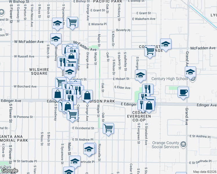 map of restaurants, bars, coffee shops, grocery stores, and more near 606 East Borchard Avenue in Santa Ana