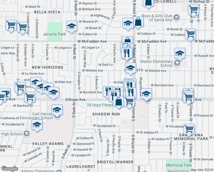map of restaurants, bars, coffee shops, grocery stores, and more near 1339 South Rita Way in Santa Ana