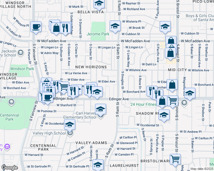 map of restaurants, bars, coffee shops, grocery stores, and more near 1414 South Townsend Street in Santa Ana