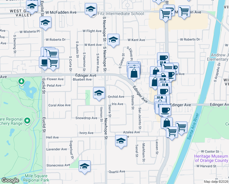 map of restaurants, bars, coffee shops, grocery stores, and more near 16130 Evans Circle in Fountain Valley