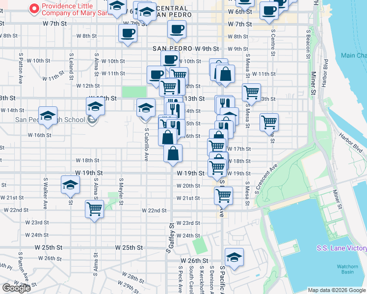 map of restaurants, bars, coffee shops, grocery stores, and more near 662 West 17th Street in Los Angeles