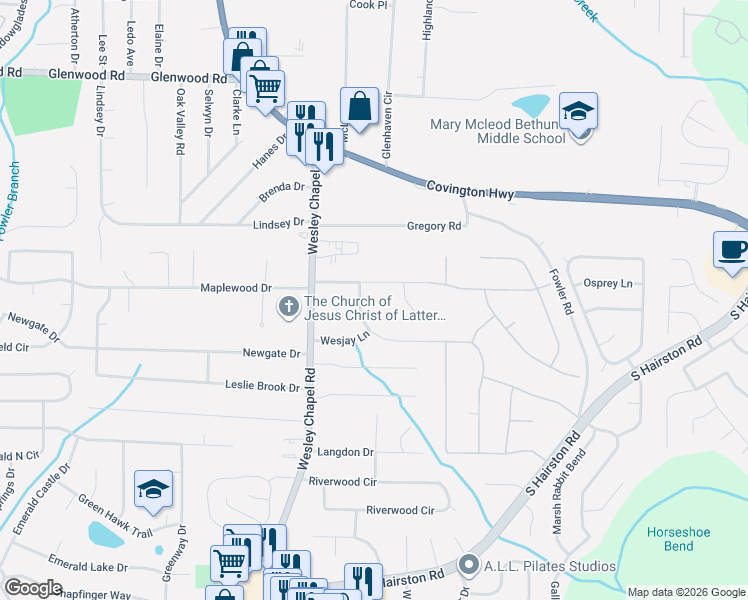 map of restaurants, bars, coffee shops, grocery stores, and more near 4318 Aldergate Drive in Decatur
