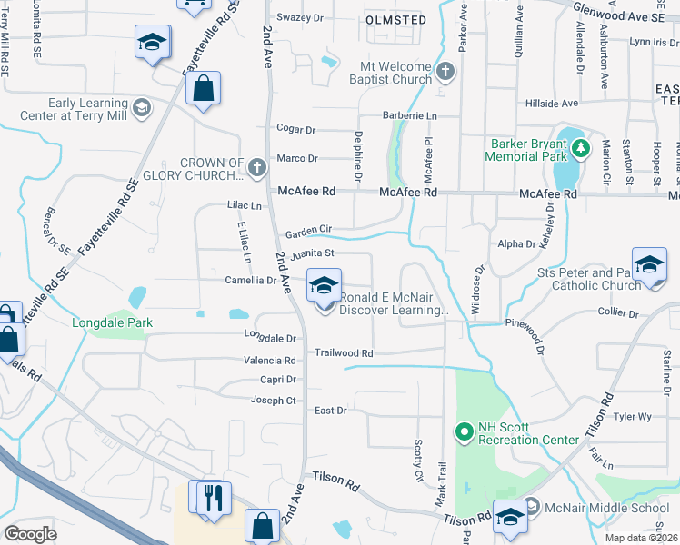 map of restaurants, bars, coffee shops, grocery stores, and more near 2050 East Camellia Drive in Decatur