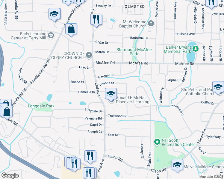 map of restaurants, bars, coffee shops, grocery stores, and more near 2036 East Camellia Drive in Decatur