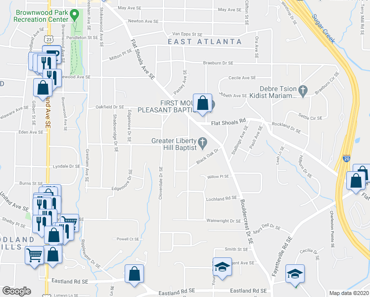 map of restaurants, bars, coffee shops, grocery stores, and more near 2115 Cavanaugh Avenue Southeast in Atlanta