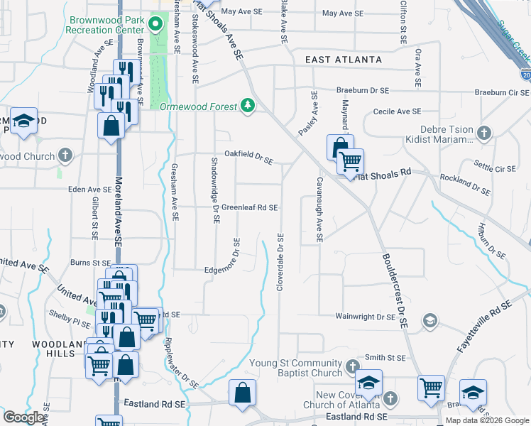 map of restaurants, bars, coffee shops, grocery stores, and more near 1217 Greenleaf Road Southeast in Atlanta