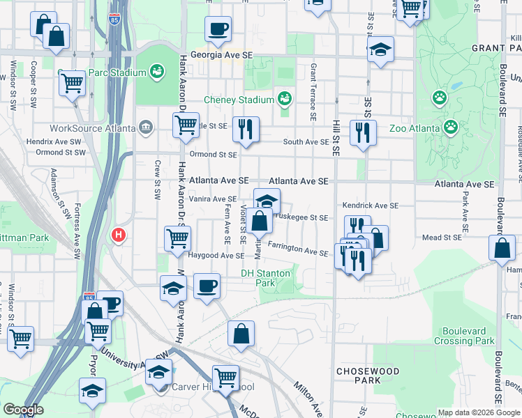 map of restaurants, bars, coffee shops, grocery stores, and more near 163 Vanira Avenue Southeast in Atlanta