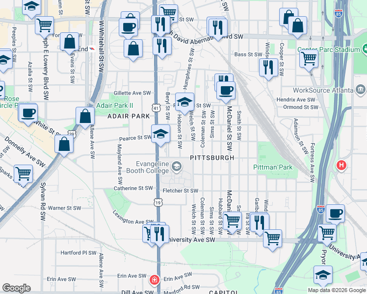 map of restaurants, bars, coffee shops, grocery stores, and more near 953 Welch Street Southwest in Atlanta