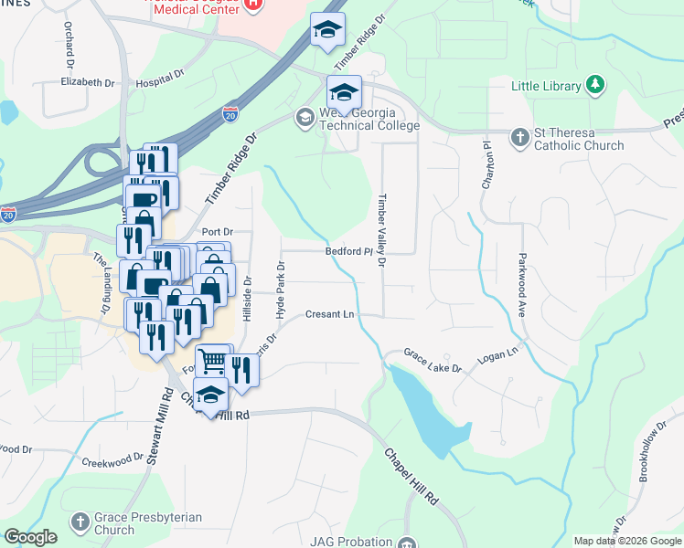 map of restaurants, bars, coffee shops, grocery stores, and more near 4635 Elmherst Drive in Douglasville