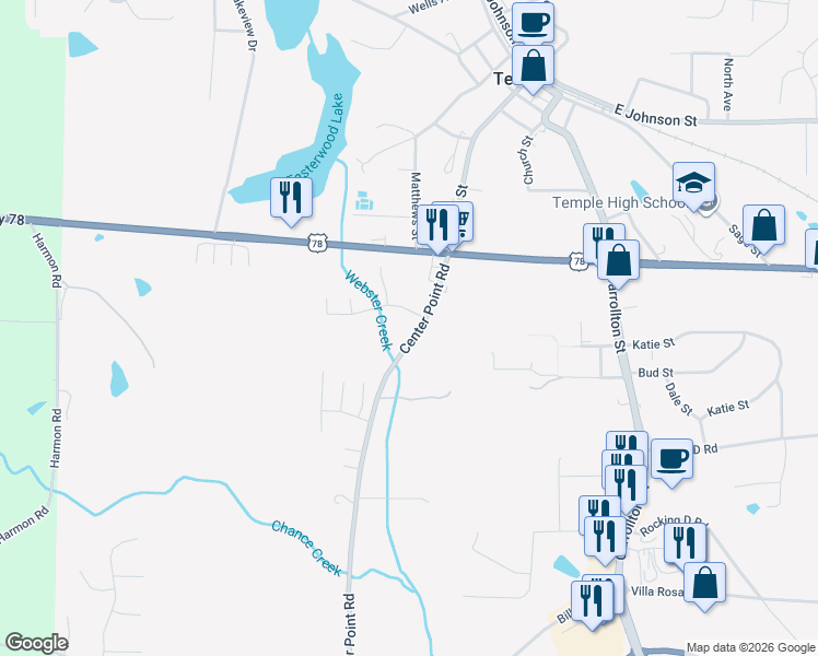 map of restaurants, bars, coffee shops, grocery stores, and more near 335 Center Point Road in Temple