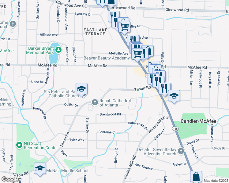 map of restaurants, bars, coffee shops, grocery stores, and more near 2671 Tilson Road in Decatur