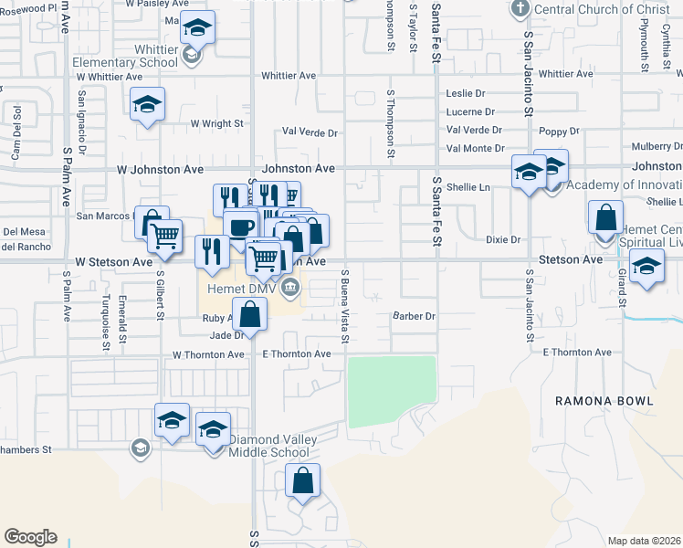 map of restaurants, bars, coffee shops, grocery stores, and more near 494 Magnolia Circle in Hemet