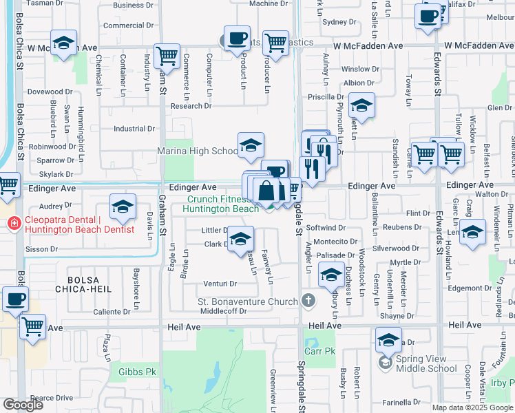 map of restaurants, bars, coffee shops, grocery stores, and more near 5922 Edinger Avenue in Huntington Beach