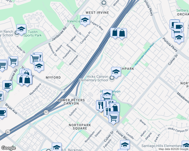 map of restaurants, bars, coffee shops, grocery stores, and more near 1108 Terra Bella in Irvine