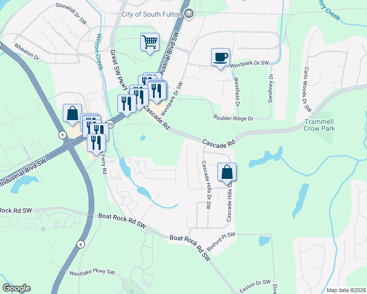 map of restaurants, bars, coffee shops, grocery stores, and more near 5400 Cascade Road in Atlanta