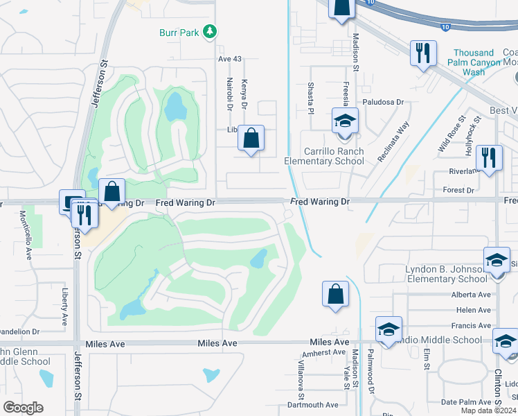 map of restaurants, bars, coffee shops, grocery stores, and more near 80296 Royal Dornoch Drive in Indio