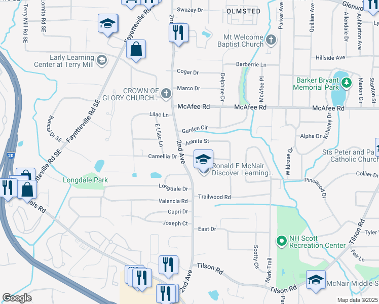 map of restaurants, bars, coffee shops, grocery stores, and more near 2002 East Camellia Drive in Decatur