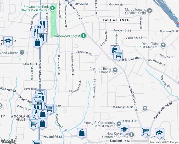 map of restaurants, bars, coffee shops, grocery stores, and more near 1217 Greenleaf Road Southeast in Atlanta
