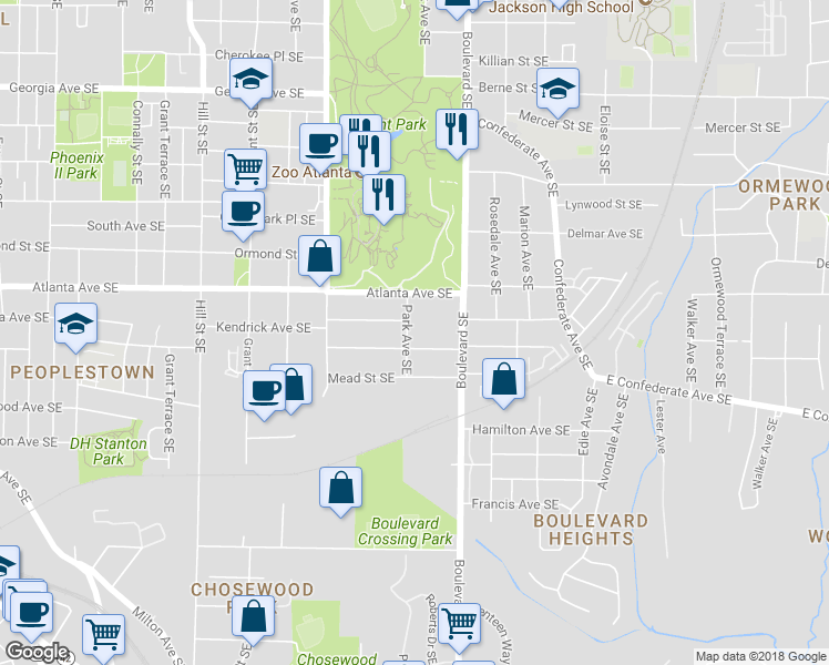 map of restaurants, bars, coffee shops, grocery stores, and more near 934 Park Avenue Southeast in Atlanta