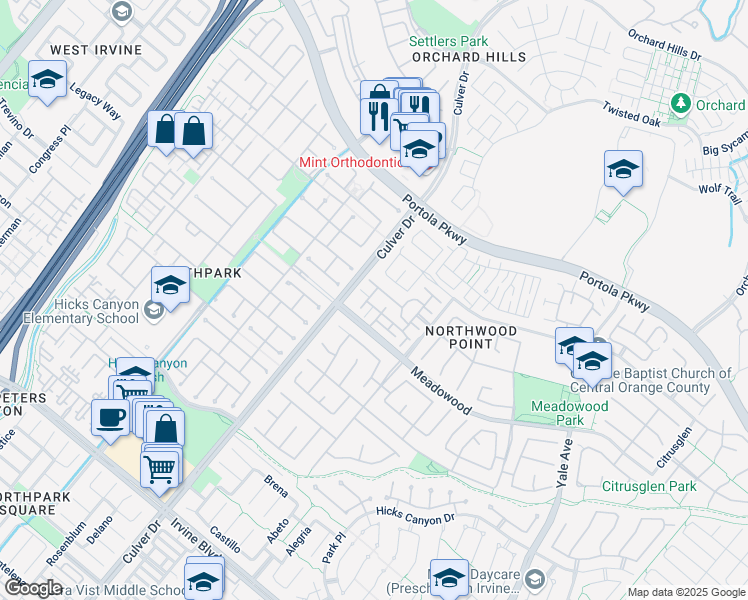map of restaurants, bars, coffee shops, grocery stores, and more near 829 Yorkshire in Irvine