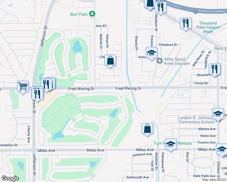 map of restaurants, bars, coffee shops, grocery stores, and more near 80296 Royal Dornoch Drive in Indio