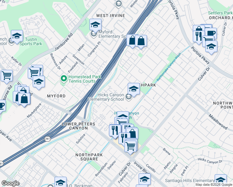 map of restaurants, bars, coffee shops, grocery stores, and more near 201 Terra Bella in Irvine