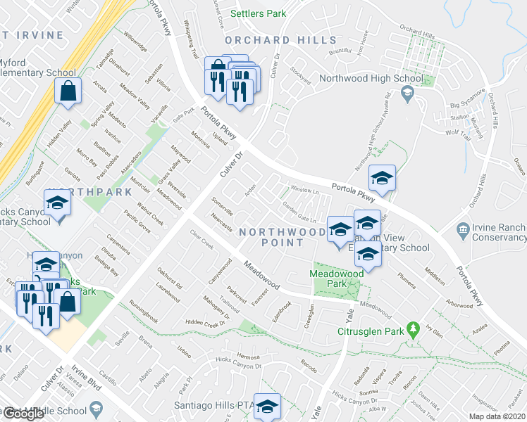 map of restaurants, bars, coffee shops, grocery stores, and more near 65 Darlington in Irvine