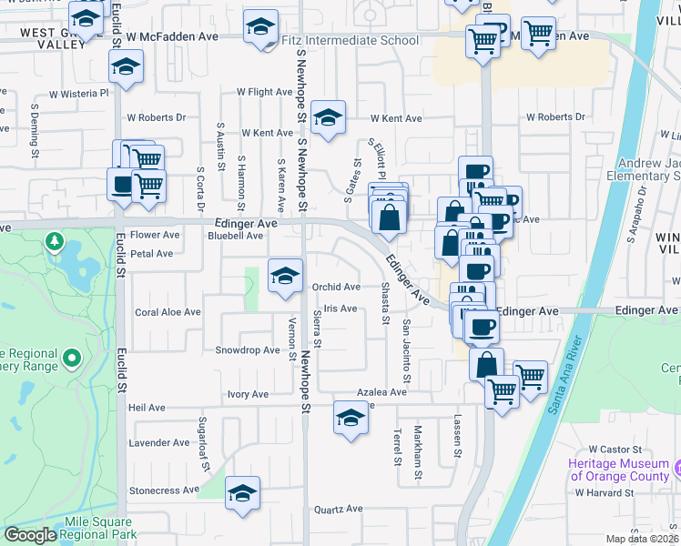 map of restaurants, bars, coffee shops, grocery stores, and more near 16130 Evans Circle in Fountain Valley