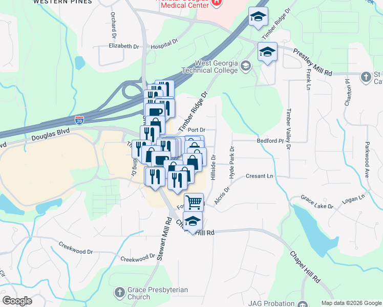 map of restaurants, bars, coffee shops, grocery stores, and more near 4839 Lehigh Drive in Douglasville