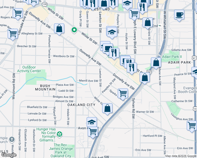 map of restaurants, bars, coffee shops, grocery stores, and more near 956 Lawton Street Southwest in Atlanta