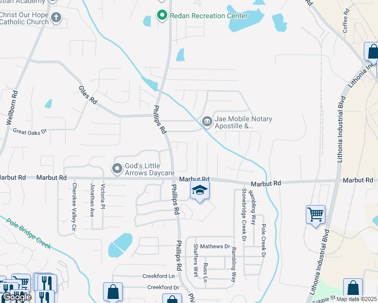 map of restaurants, bars, coffee shops, grocery stores, and more near 6352 Stablewood Way in Lithonia